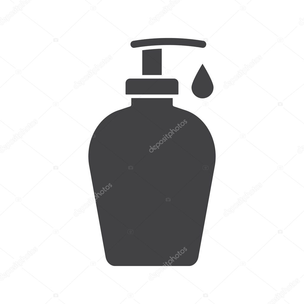 Liquid soap bottle with drop glyph icon. Silhouette symbol. Shower gel. Negative space. Vector isolated illustration