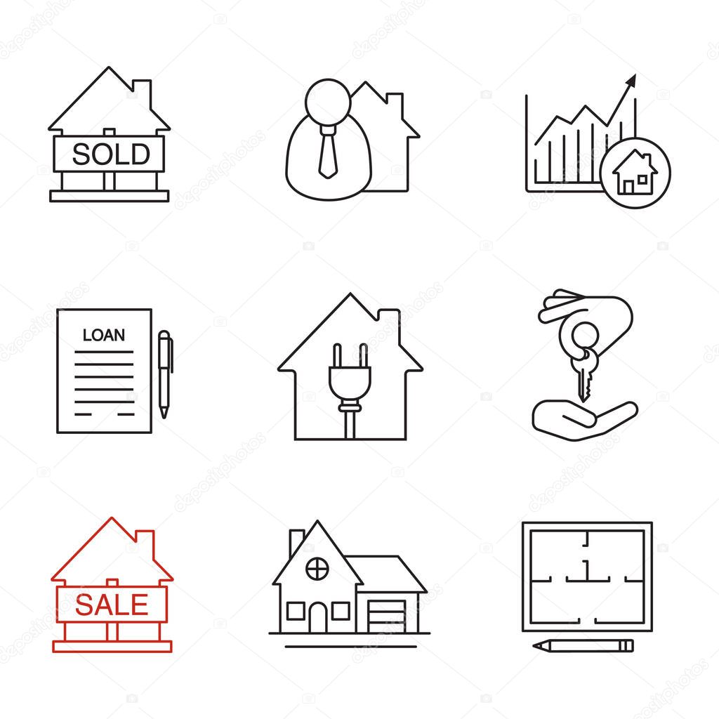 Download Real Estate Market Linear Icons Set Sold House Broker Loan Agreement Cottage Floor Plan House For Sale Chart Homebuyer Thin Line Contour Symbols Isolated Vector Outline Illustrations Premium Vector In Adobe