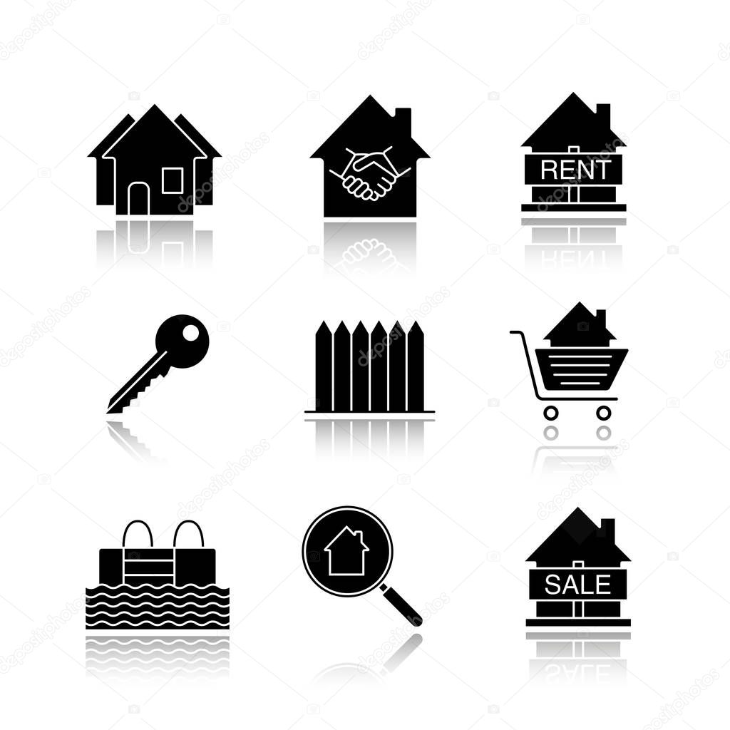Real estate market drop shadow black glyph icons set. Neighborhood, houses for sale and rent, key, fence, swimming pool, real estate deal. Isolated vector illustrations