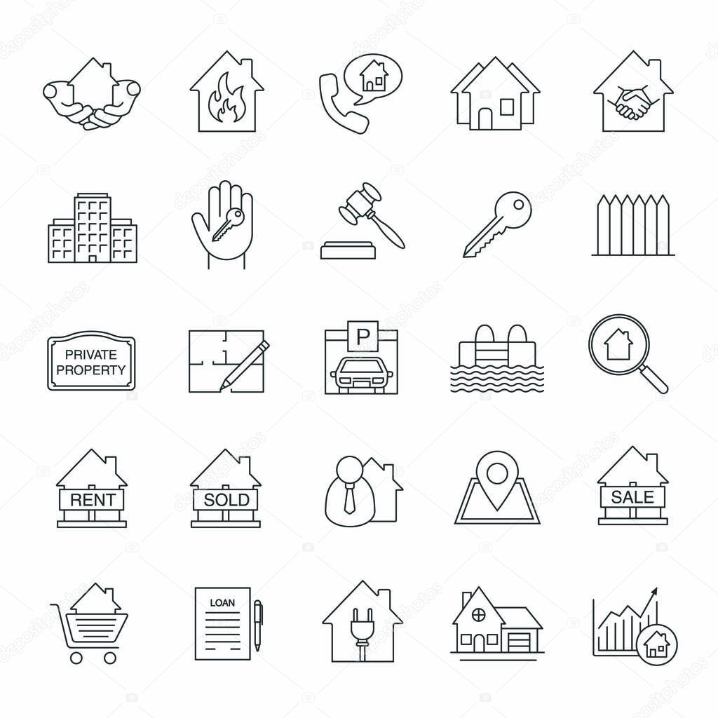 Real estate market linear icons set. Property development thin line symbols. Building business. Home, house, blueprint, buy, rent and sell signs. Isolated vector outline illustrations. Editable stroke