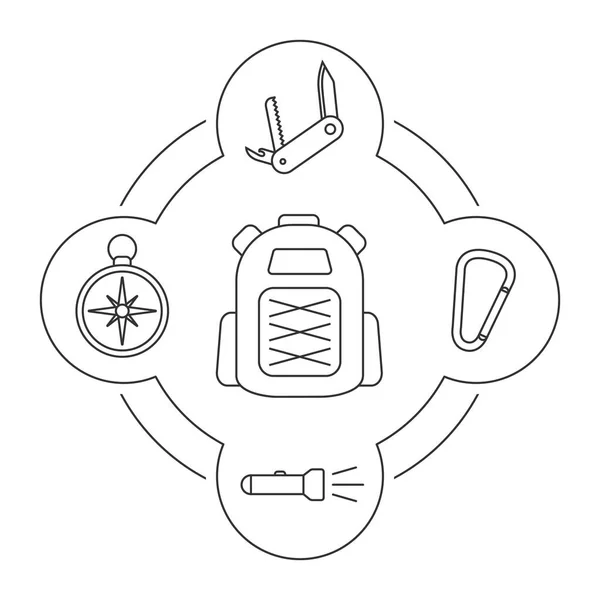 Conjunto de iconos lineales de contenido de mochila del turista — Vector de stock