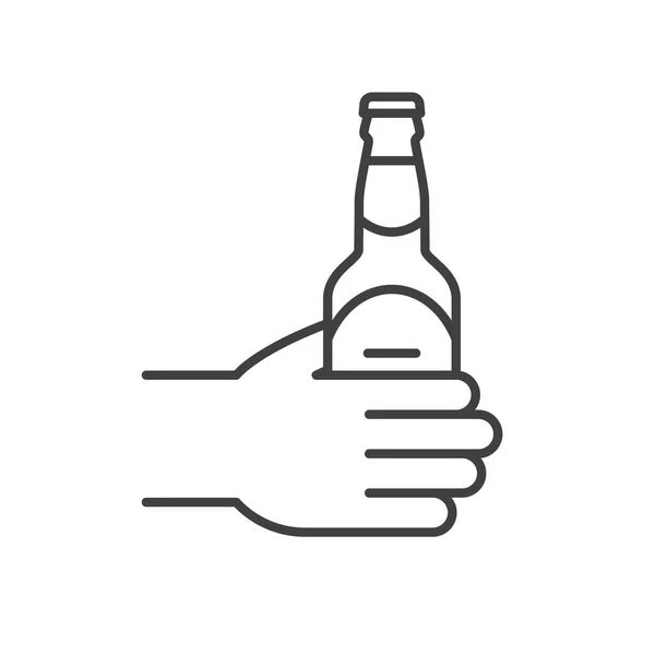 Hand with beer bottle linear icon — Stock Vector