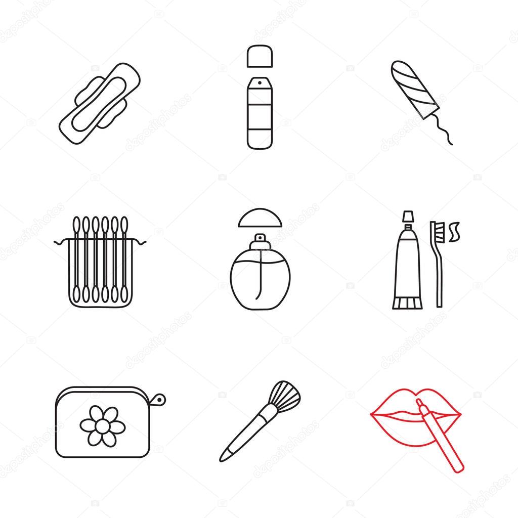 Cosmetics accessories linear icons set. Deodorant, sanitary tampon, earsticks package, perfume, toothpaste, cosmetic bag, makeup brush. Thin line contour symbols. Isolated vector outline illustrations