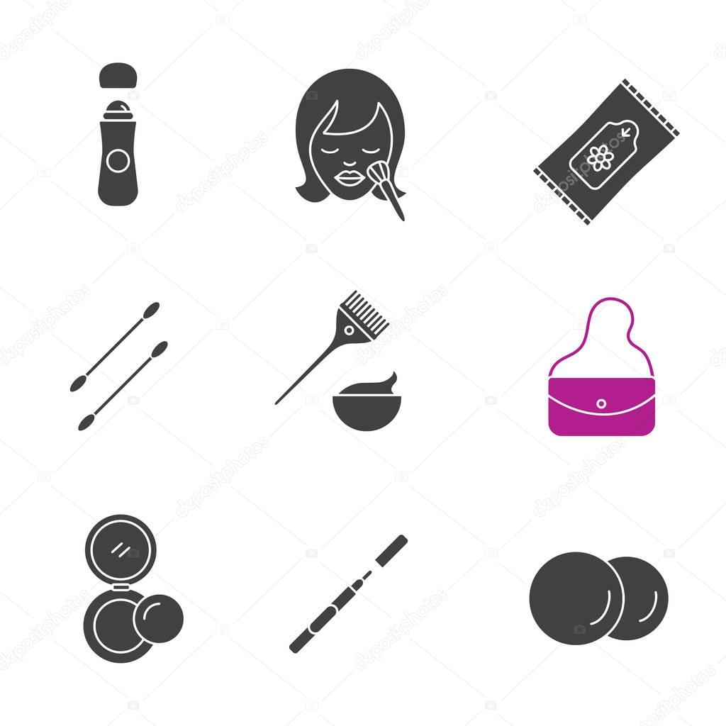 Cosmetics accessories glyph icons set. Silhouette symbols. Roll antiperspirant, wet wipes, cotton pads, earsticks, hair dyeing kit, purse, rouge, eyeliner. Vector isolated illustration
