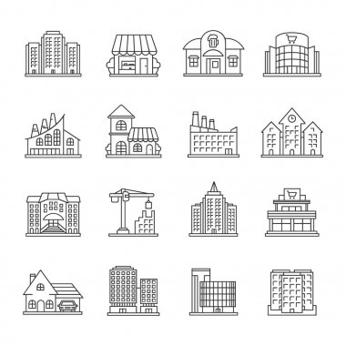 Şehir binaları doğrusal Icons set