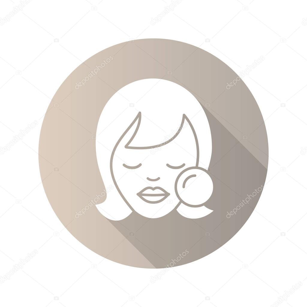 Makeup flat design long shadow glyph icon. Woman's face with makeup sponge. Cosmetic removing. Vector silhouette illustration