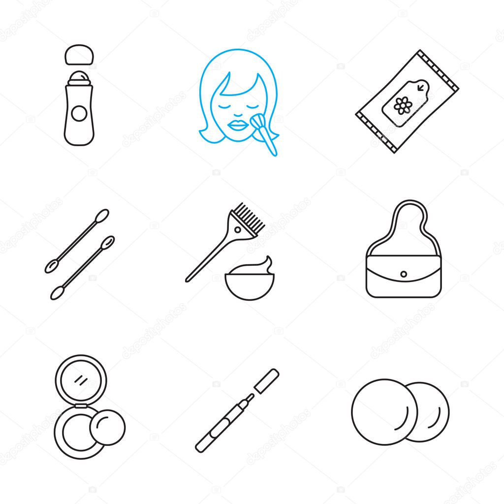 Cosmetics accessories linear icons set. Thin line contour symbols. Roll antiperspirant, wet wipes, cotton pads, earsticks, hair dyeing kit, purse, rouge, eyeliner. Isolated vector outline illustration