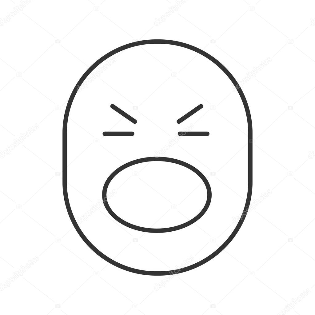Shocked smiley linear icon. Face with open mouth and tightly closed eyes. Thin line illustration. Contour symbol. Vector isolated outline drawing