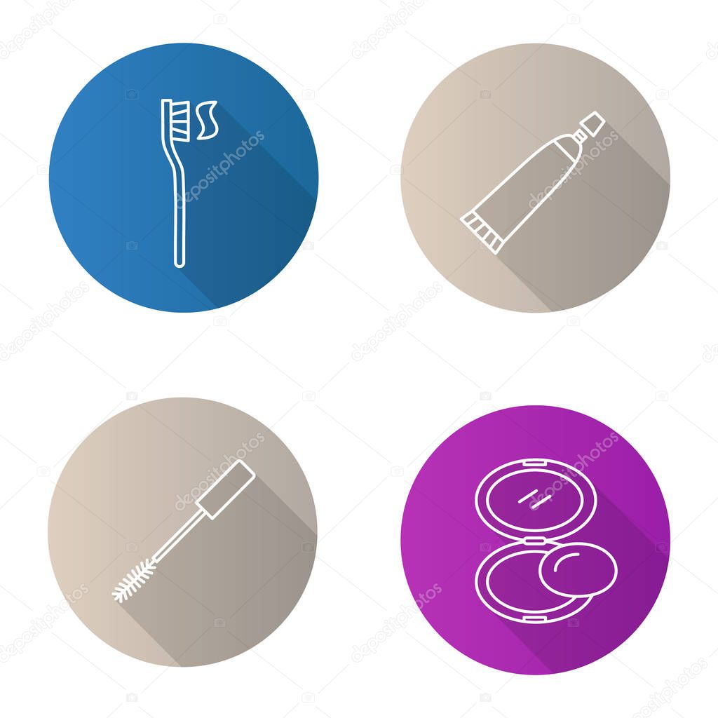 Cosmetics and hygienic accessories icons. Flat linear long shadow icons set. Toothbrush, mascara, powder, toothpaste tube. Vector outline illustrations