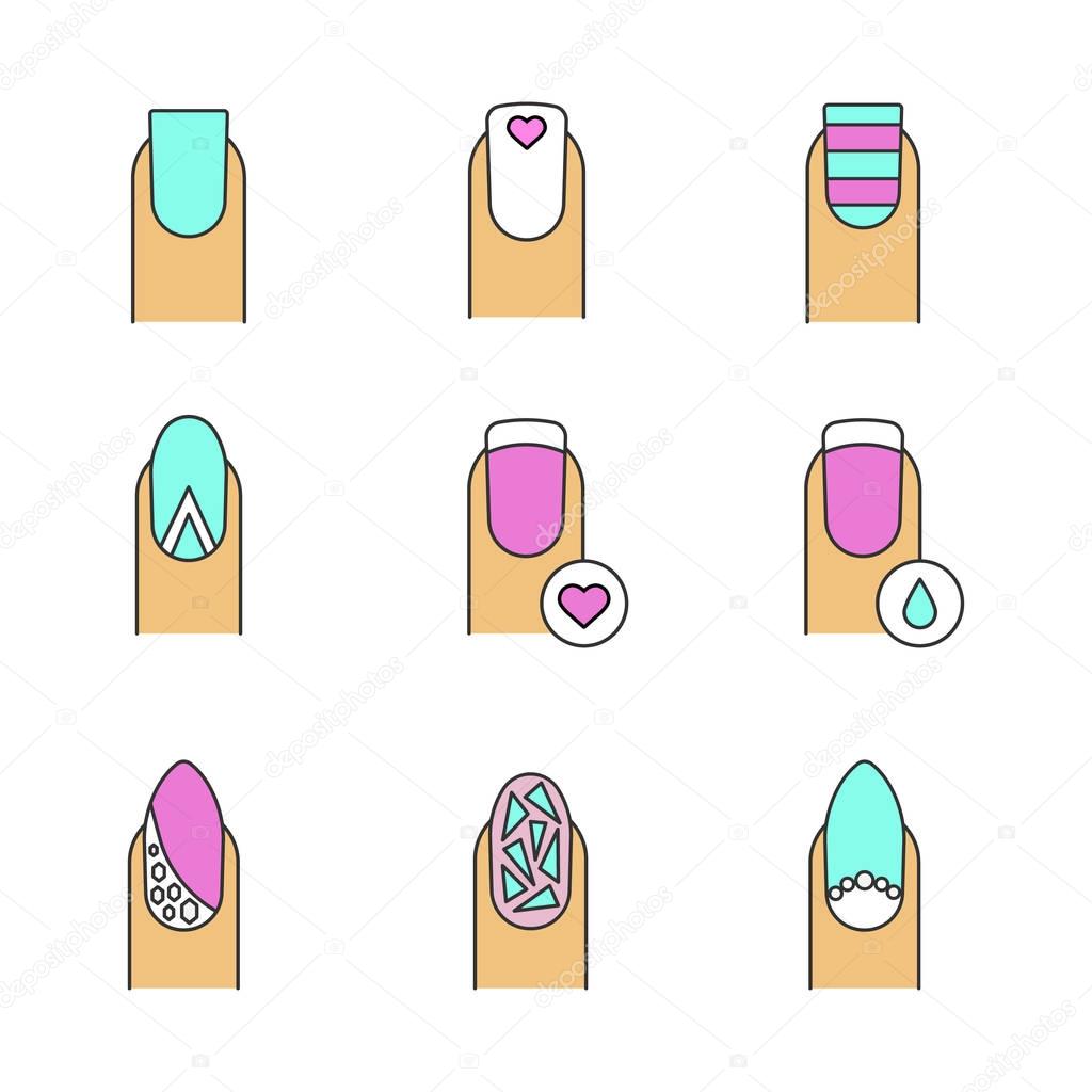Manicure color icons set. Square shaped, striped, geometric and almond moon, broken glass manicure with rhinestones and beads. Nails with liquid drop and heart shape. Isolated vector illustrations