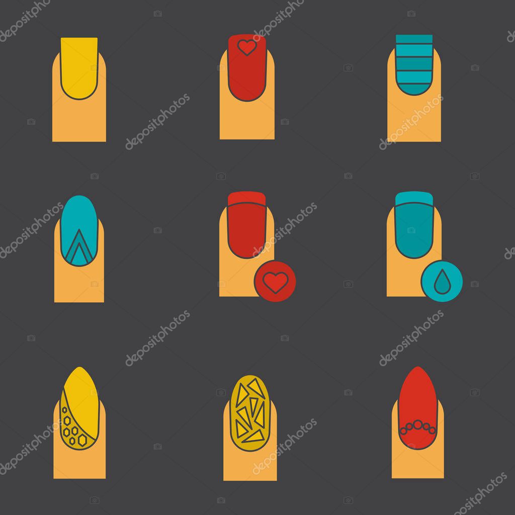 Manicure color icon set. Symbols on black backgrounds. Square shaped, almond moon, broken glass manicure. Nails with liquid drop and heart shape. Vector illustrations