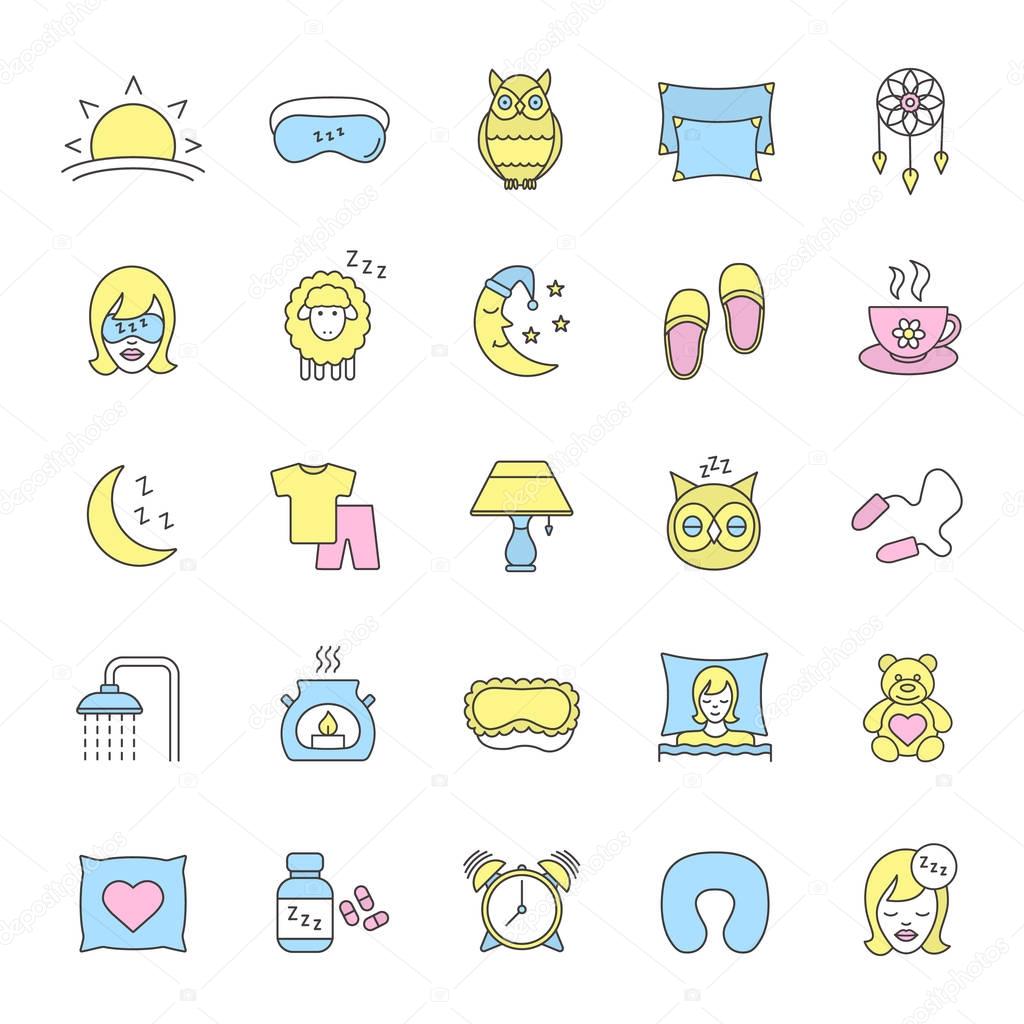 Sleeping accessories color icons set. Pillows, sleeping slippers, pills, earplugs, dreamcatcher, alarm clock, pajamas. Isolated vector illustrations