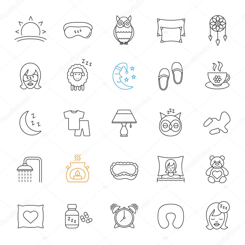 Sleeping accessories icons set