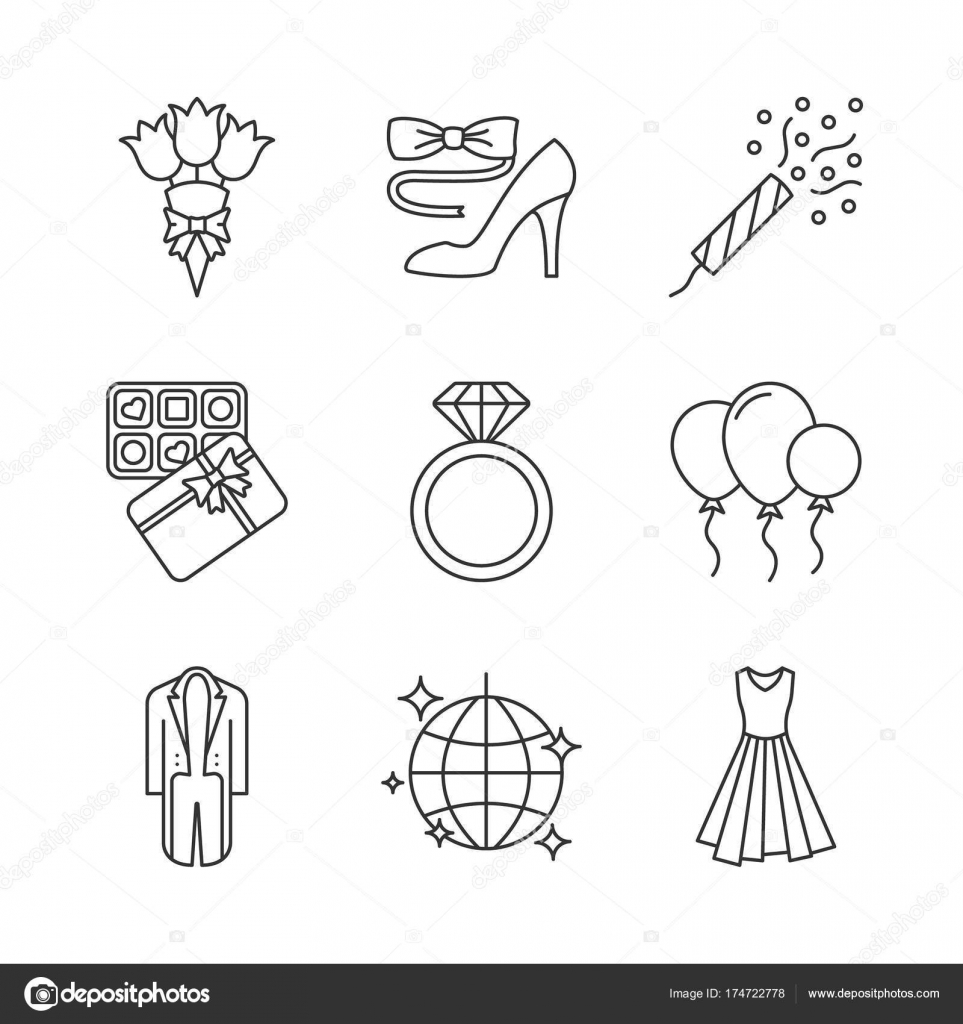 Wedding planning glyph icons set. Gifts, men's accessories