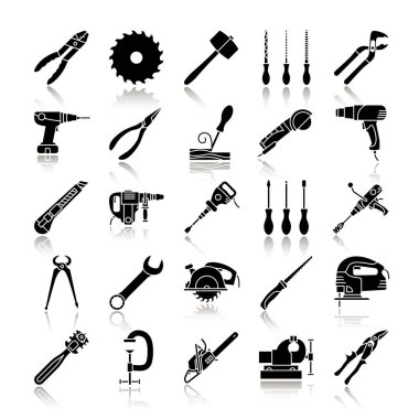 Gölge siyah glif Icons set inşaat araçları bırakın