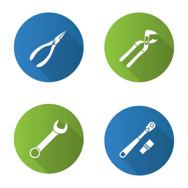 İnşaat araçları düz uzun gölge glif Icons set tasarımı