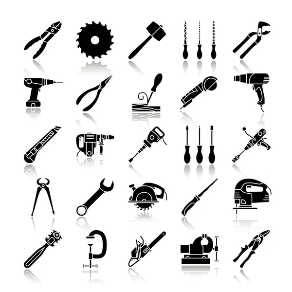 Construction tools drop shadow black glyph icons set — Stock Vector