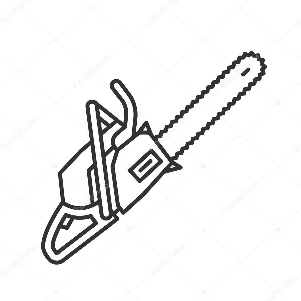 Chainsaw linear icon. Thin line illustration. Petrol-driven power chainsaw. Contour symbol. Vector isolated outline drawing