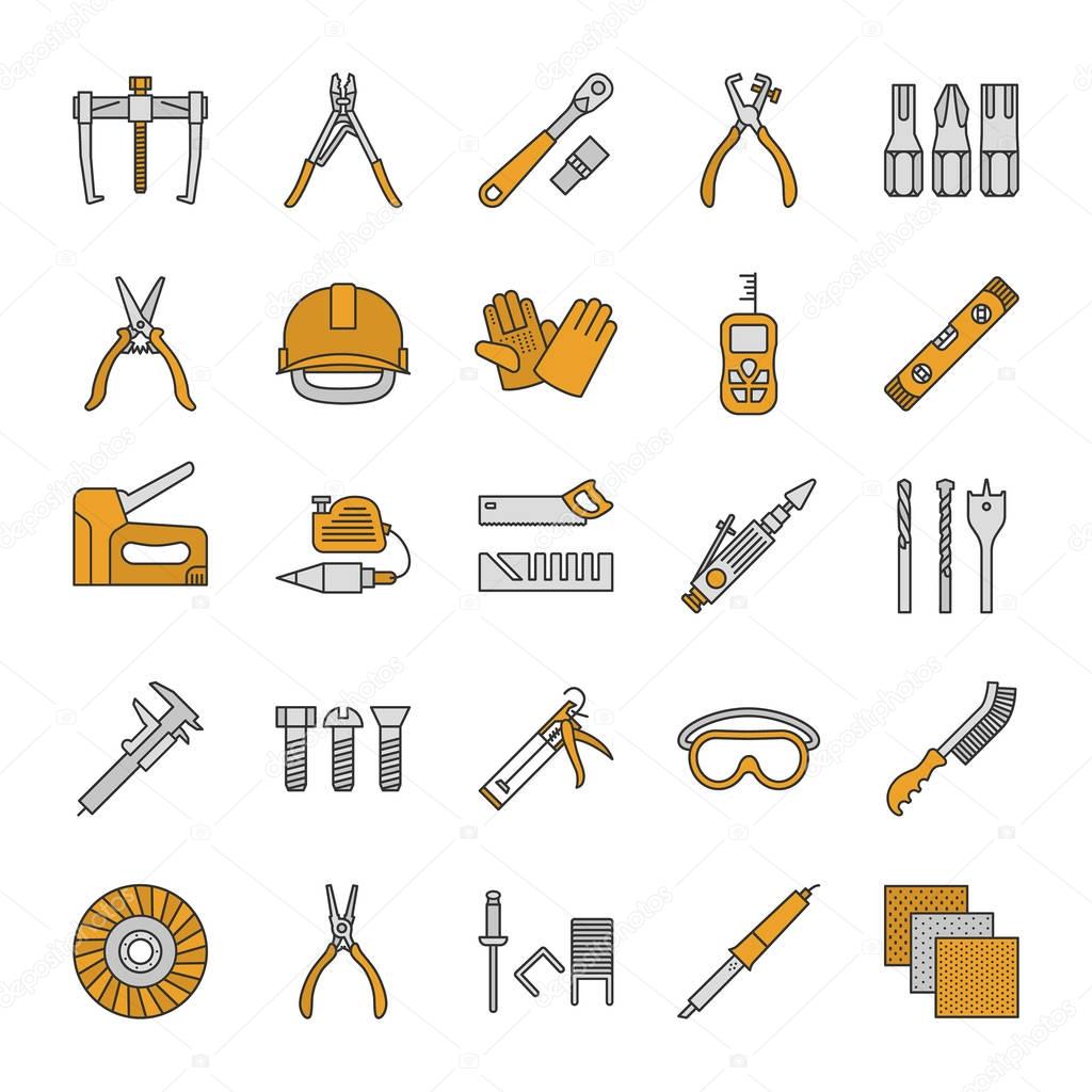 Construction tools color icon. Renovation and repair instruments. Emery paper, solderer, ratchet, bearing puller, spirit level. Isolated vector illustration