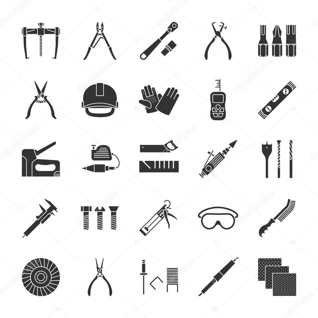 Construction tools glyph icons set. Renovation and repair instruments. Emery paper, solderer, ratchet, bearing puller, spirit level. Silhouette symbols. Vector isolated illustration