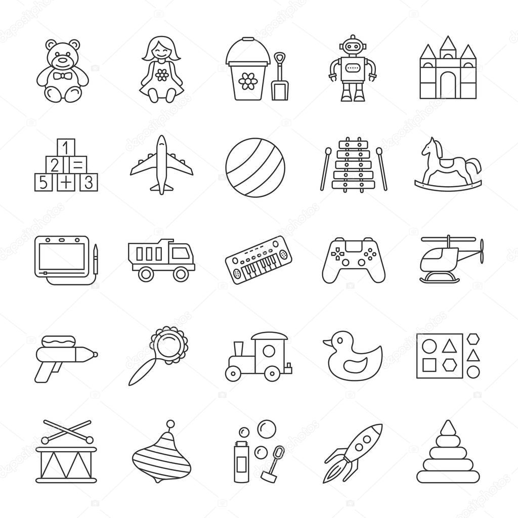 Kids toys linear icons set. Educational games. Childrens entertainment. Thin line contour symbols. Isolated vector outline illustrations