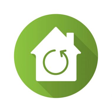 Ev yenileme düz tasarım uzun gölge glif simgesi. Evin içinde yeniden işaretiyle. Vektör siluet çizimi