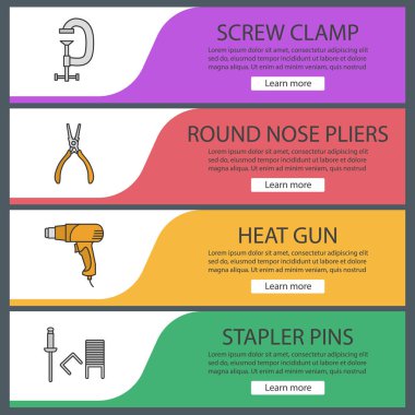 Afiş şablonlar kümesi web inşaat araçları. Kelepçe boşver, yuvarlak burun pense, ısı silah, zımba pin. Web sitesi renk menü öğeleri. Vektör üstbilgileri kavramları tasarım