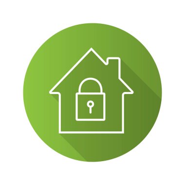 Ev düz doğrusal uzun gölge simgesi kilitli. Ev koruma. Vektör anahat simgesini