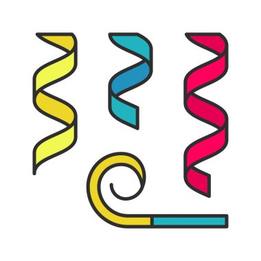 Party dekorasyon renk simgesi. Konfeti. Islık ve çelenk. İzole vektör çizim