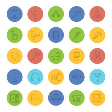 Doğrusal simgeler sıhhi tesisat ayarlayın. Sıhhi tesisat. Nereye gidiyorsun? İnce çizgi seviyelendirme simgelerini renk halkaları. Vektör çizimler