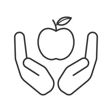 Elma doğrusal simgesi ile açık avuç içi. Organik gıda. İnce hat illüstrasyon. Eko ürünler. Kontur sembolü. Çizim vektör izole anahat