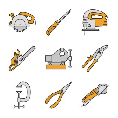 İnşaat araçları Icons set renk. Daire ve yastık testere makineleri, elektrikli testere, teneke snips, g-kelepçe, sivri uçlu pense, açılı taşlama makinesi. İzole vektör çizimler