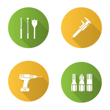 İnşaat araçları düz tasarım uzun gölge glif Icons set. Tornavida parçaları, slayt ölçer, matkap. Vektör siluet çizimi