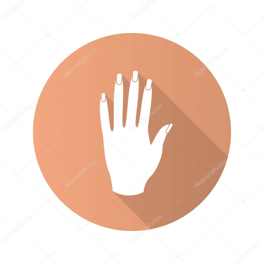 Woman's hand flat design long shadow glyph icon. Manicure. Vector silhouette illustration