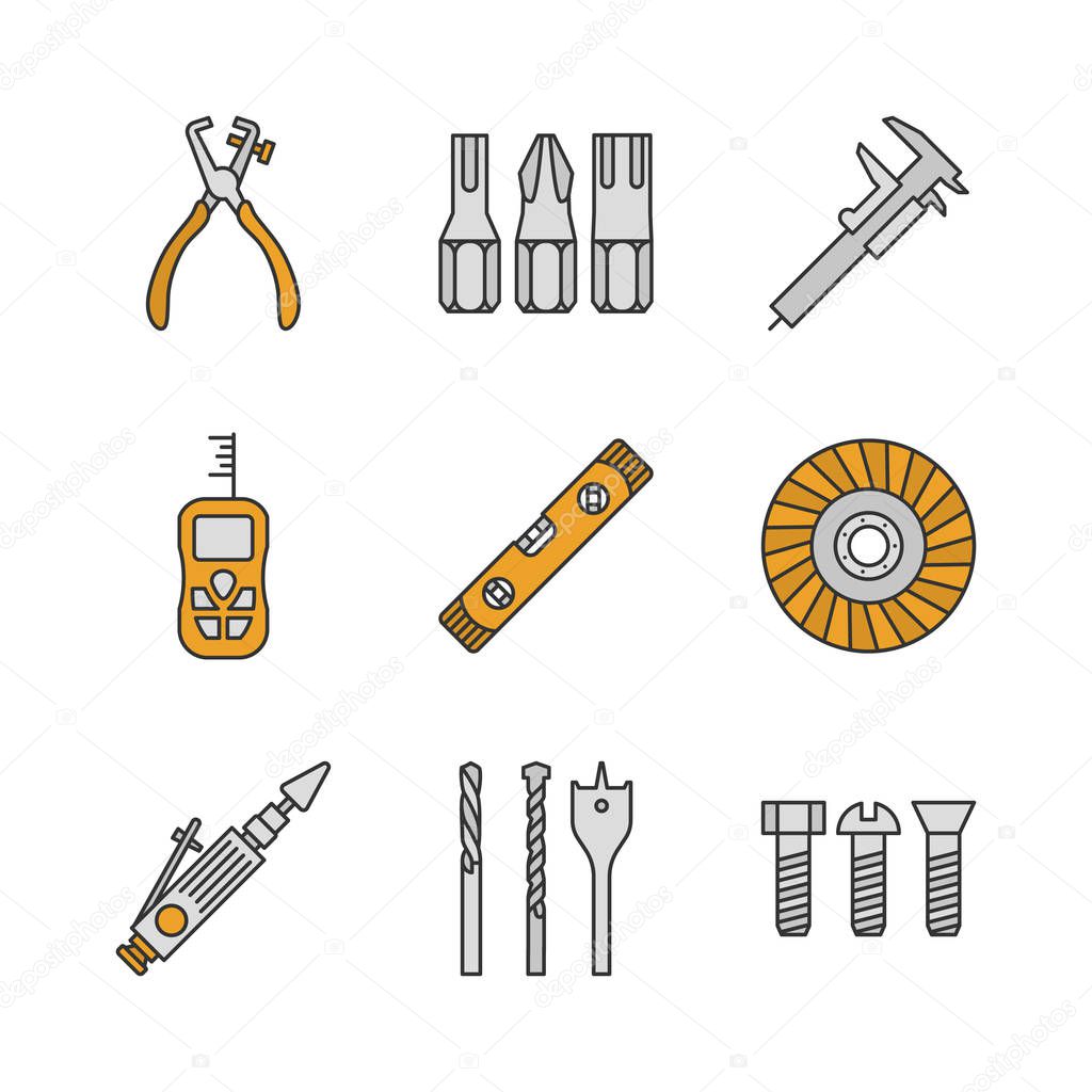Construction tools color icons set. Screwdriver bits, slide gauge, vernier caliper, laser ruler, spirit level, abrasive flap wheel, metal bolts. Isolated vector illustrations