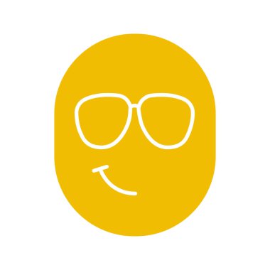 Havalı gülümseme glif renk simgesi. Beyaz zemin üzerine siluet simge. Güneş gözlüğü ile karşı karşıya. Negatif alan. Vektör çizim