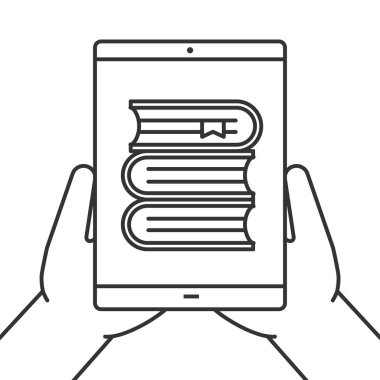 Tablet bilgisayar doğrusal simgesi holding eller. Online Kütüphane. İnce hat illüstrasyon. Tablet bilgisayar kitapları ile. Kontur sembolü. Çizim vektör izole anahat