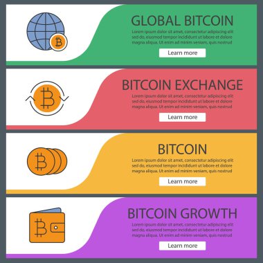 Bitcoin web afiş şablonları ayarlayın. Küresel bitcoin, m-cüzdan, Satım. Web sitesi renk menü öğeleri. Vektör üstbilgileri kavramları tasarım
