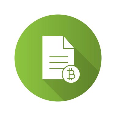 Bitcoin belgesel düz tasarım uzun gölge glif simgesi. Bitcoin işareti ile belge. Vektör siluet çizimi