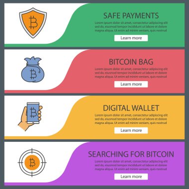Bitcoin web afiş şablonları ayarlayın. Arama bitcoin, para çantasını, dijital cüzdan, güvenli ödemeler için. Web sitesi renk menü öğeleri. Vektör üstbilgileri kavramları tasarım