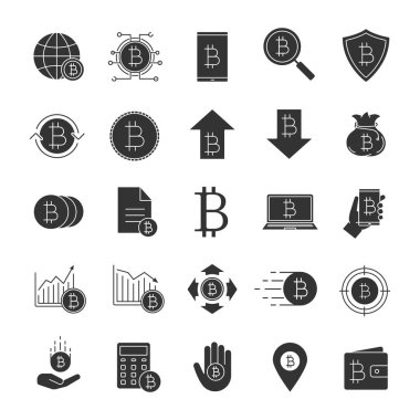 Bitcoin glif simgeler kümesi. Cryptocurrency. Dijital ödeme sistemi. Siluet simgeler. İzole vektör çizim