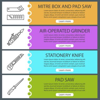 Afiş şablonlar kümesi web inşaat araçları. Gönye kutusu ve kolu pad testere, hava ile çalışan değirmeni, ileti örneği bıçak. Web sitesi renk menü öğeleri ile doğrusal kutsal kişilerin resmi. Vektör üstbilgileri kavramları tasarım