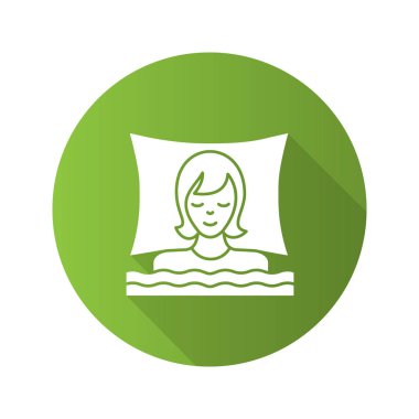 Uyuyan kadın yatak düz tasarım uzun gölge glif simgesi. Gece dinlenmek. Vektör siluet çizimi