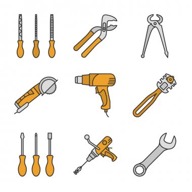 İnşaat araçları Icons set renk. Tornavidalar, dil ve oluk Pense, açı taşlama makinesi, ısı silah, cam kesici, İngiliz anahtarı. İzole vektör çizimler
