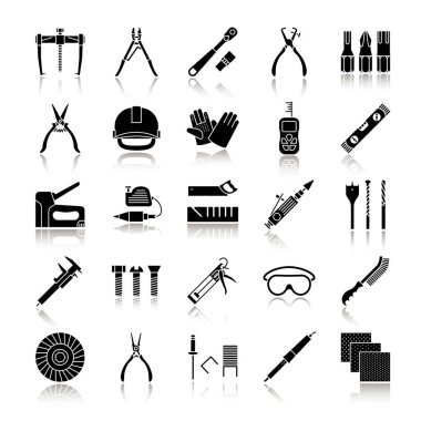 Construction tools drop shadow black glyph icons set. Renovation and repair instruments. Emery paper, solderer, ratchet, bearing puller, spirit level. Isolated vector illustrations clipart