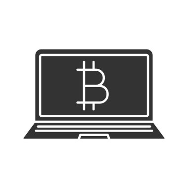 Bitcoin dijital cüzdan glif simgesi. Siluet simge. Dizüstü bitcoin işareti ile. Negatif alan. İzole vektör çizim