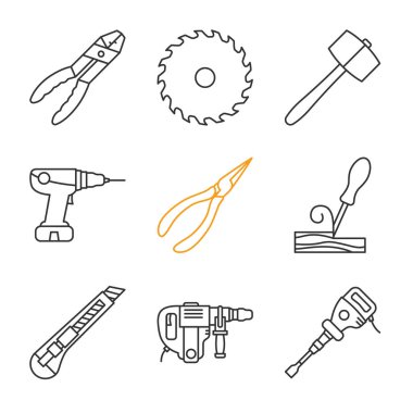 İnşaat araçları doğrusal Icons set. İnce çizgi kontur sembolleri. Kombinasyon pense, daire blade, matkap, ahşap keski, ileti örneği bıçak, perforator gördüm. İzole vektör anahat çizimler