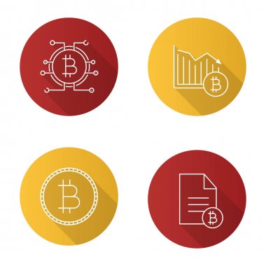 Bitcoin düz doğrusal uzun gölge simgeler kümesi. Bitcoin belge, ödeme düşüyor. Vektör anahat çizim
