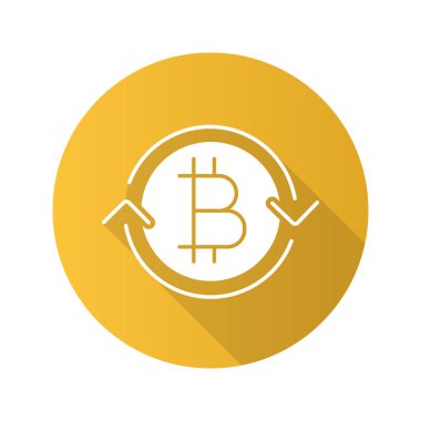 Bitcoin Satım düz tasarım uzun gölge glif simgesi. Geri ödeme cryptocurrency. Vektör siluet çizimi