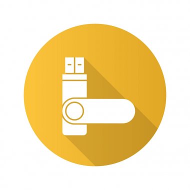 USB flash sürücü düz tasarım uzun gölge glif simgesi. Bellek sopa. Vektör siluet çizimi